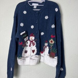 Croft & Barrow Womens Sz XL Snowman Chunky Cardigan Sweater Christmas Blue